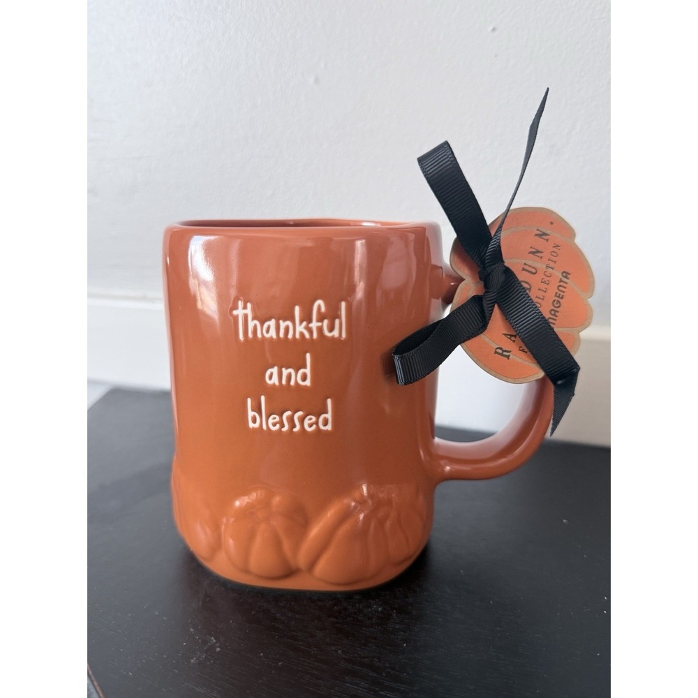 NWT Rae Dunn Thankful & Blessed Fall Mug Orange Pumpkin Embossed Ceramic